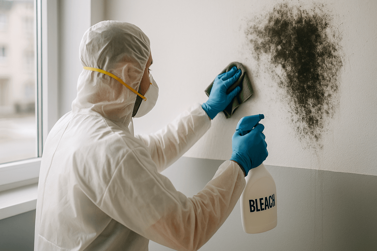 Black mold growth on a porous wall surface where bleach treatment failed to penetrate